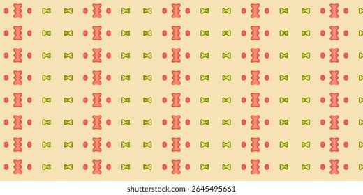 A fun and playful grid pattern with red, green, and yellow shapes on a beige background. Ideal for creative, cheerful, and casual design projects.