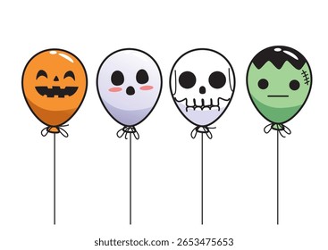 Fun and playful Halloween balloons featuring pumpkin, ghost, skull, and Frankenstein designs.