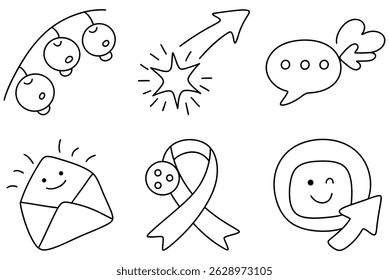 A Fun and playful icons featuring bells, starburst, speech bubbles, envelope, ribbon, and smiling character express joy