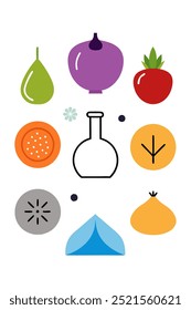 A fun and playful illustration featuring a variety of fruits, vegetables, and a simple flask. This colorful design is perfect for adding a touch of whimsy to your projects.