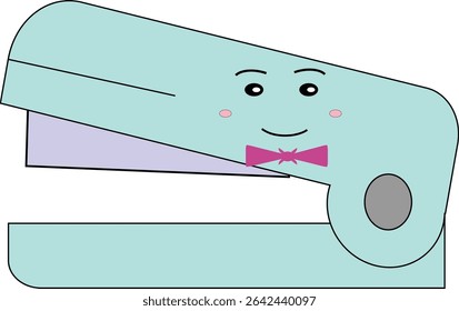 Fun and playful illustration of a happy stapler with a smiling expression, ideal for back-to-school or office-themed content.