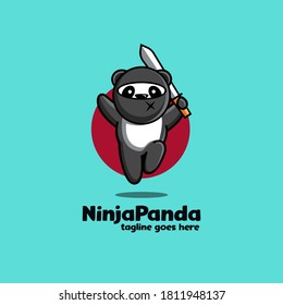 Divertido salto juguetón Ninja panda mascota caricatura icono ilustración vector