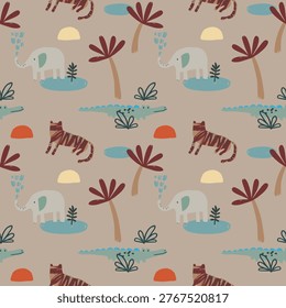 a fun and playful jungle themed pattern with animals and plants on a beige background perfect for kids or nursery designs with a lively and adventurous feel