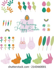 Fun and playful modern vector icon set. Easter and spring celebration. Build your own card, poster, banner or advertising. Bright and happy colors. Simple lines. Minimal style.