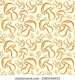 Fun and playful mushroom pattern featuring various sizes and shapes in warm colors on a light background