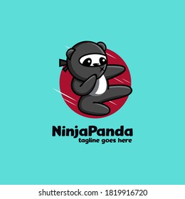Fun playful Ninja panda kicking mascot cartoon logo icon vector illustration