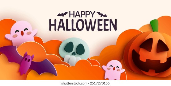 A fun and playful papercut illustration for Halloween. Featuring cute ghosts, a smiling pumpkin, a bat, and a skull, this design is perfect for kids and families. Vector Illustration.