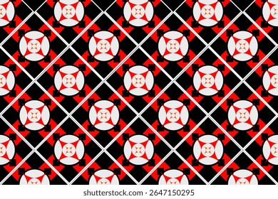 A fun and playful pattern featuring adorable panda faces in red and white on a black background. Suitable for children’s products, fabrics, and cute-themed packaging.
