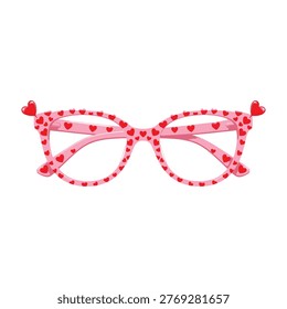 Fun and playful red heart shaped glasses with pink and red polka dots on white background