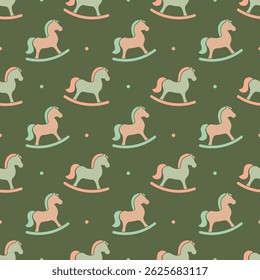 Fun and playful rocking horse pattern in pastel colors on a deep green background for childrens decor. Seamless background for packaging, printing on textiles