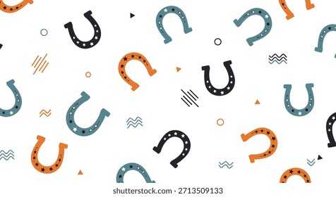 Fun and playful seamless background pattern featuring colorful lucky horseshoes and abstract geometric shapes on a clean white design.