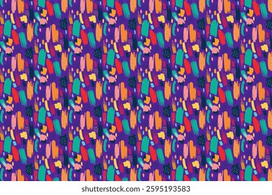 A fun and playful seamless Hand drawn organic  pattern featuring bold, abstract paint brush strokes in a variety of bright colors-red, orange, yellow, green, blue, against a deep purple backdrop.