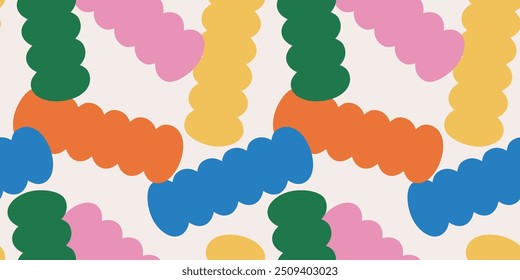 Fun playful seamless pattern with colorful cartoon shapes or confetti on beige background. Childish festive abstract backdrop.