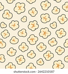 A fun and playful seamless pattern featuring stylized popcorn kernels on a light cream background, outlined in brown. Ideal for movie night themes, packaging, and children's designs.