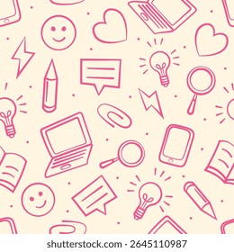 A fun and playful seamless pattern with school and office elements in pink.