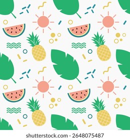 Fun and Playful Seamless Summer Patterns with Fruit, Tropical Trees, Beach Icons, and Cute Decorative Elements. Vector Background Bundle for Stationery, Fabric Design, and Summer Print Projects