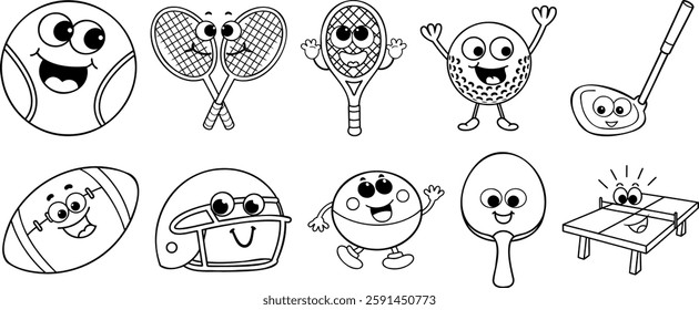 Fun and playful sports equipment illustrations featuring smiling balls, rackets, helmets, and paddles