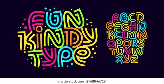 Fun Playful Stripes Font Geometric Logo Alphabet Cool Cartoon Letter Set Modern Typography, Creative Typographic Design for Comics Title Text, Typo Poster Headline. Music Fest Fonts. Vector Typeface