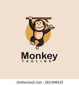 Fun playful swing monkey holding banana logo vector icon mascot cartoon on light background