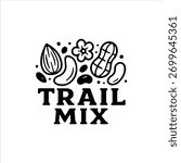Fun and playful trail mix snack logo in monochrome vector, suitable for organic or healthy food branding.