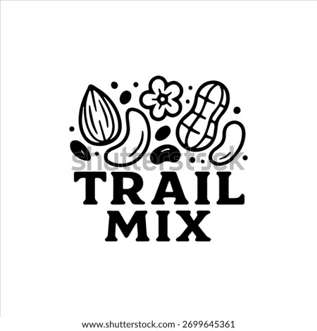 Fun and playful trail mix snack logo in monochrome vector, suitable for organic or healthy food branding.