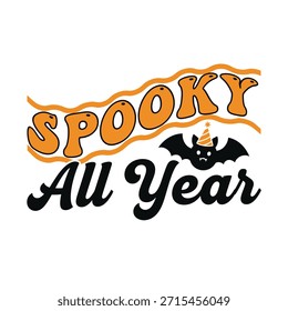 A fun and playful typography t-shirt design featuring the phrase 'Spooky All Year' with a whimsical bat illustration, perfect for Halloween enthusiasts.