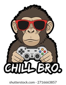 Una divertida y divertida ilustración de Arte vectorial Video de un gorila con gafas de sol rojas y sosteniendo un controlador de juego, con el texto 'CHILL BRO.' debajo.