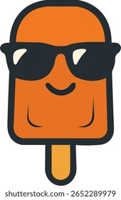 Fun, playful vector illustration of an orange ice cream popsicle character wearing black sunglasses. Perfect for summer-themed designs, T-shirt prints, kids' graphics, stickers, and branding projects.