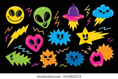 fun and playful vivid color hand drawn graphic element vector set