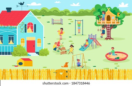 Campo de juego divertido en el patio trasero, niña feliz al aire libre, ilustración vectorial. Caricatura infantil en un parque de verano afuera. Niños alegres jugando en la naturaleza, niños jugando en kindergarten.