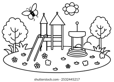 Fun Playground Equipment Line Art for Kids Activities Illustration Play Area Coloring Book Page