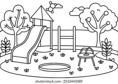 Divertido Playground com Slide e Sandbox Ilustração Play Area Coloring Livro Página