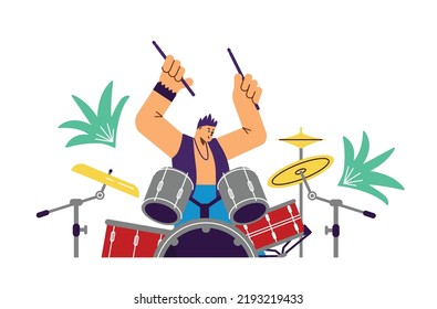 Fun playing man drummer character flat style, vector illustration isolated on white background. Rhythmic musical instrument, drumsticks hit cymbals, performance