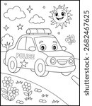 Fun Police Car Coloring Page for Kids Featuring a Smiling Cartoon Patrol Vehicle with Siren, Road, Flowers, Butterfly, Clouds, and Sun. Educational Activity Sheet for Children