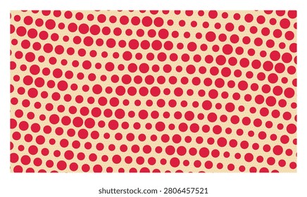 Fun polka dot pattern. Random arrangement of red circles. Playful background for design. Textured surface.