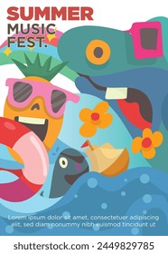 fun pool  party with monster and pineapple macot concept. summer music festival template poster vector illustration