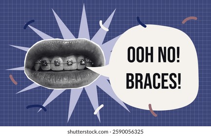 Fun Pop Art halftone collage of Braces with Speech Bubble and abstract shapes