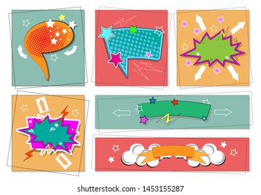 Fun pop art templates for a variety of emotional messages. Vector set