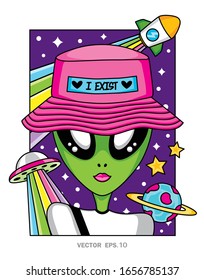 Fun Portrait Illustration Vector Of Alien In Space.