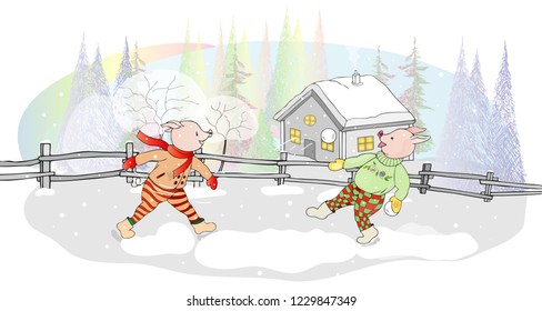 A fun postcard for the New year. Piglets playing snowballs on a winter day in the background of the forest and the village house.