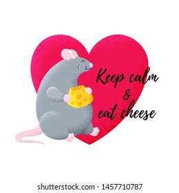 Fun postcard with thick mouse. Rat is eating cheese. Template for print, design, textiles. Vector cartoon card