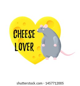 Fun postcard with thick mouse. Rat is eating cheese. Template for print, design, textiles. Vector cartoon card