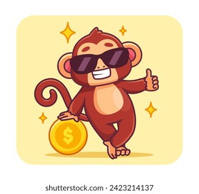 Afiche divertido con animal. Mono adorable con gafas de sol con moneda de oro. Zoología y vida salvaje. Mascota o juguete para niños. Dibujo vectorial plano de dibujos animados aislado en fondo blanco