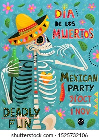 Fun Poster with Skeleton and bird for Day of the Dead Mexican holiday, Mexico style cartoon fun holiday skeleton for Dia de los Muertos, invitation poster or greeting card template.