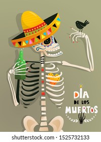 Fun Poster with Skeleton and bird for Day of the Dead Mexican holiday, Mexico style cartoon fun holiday skeleton for Dia de los Muertos, invitation poster or greeting card template.