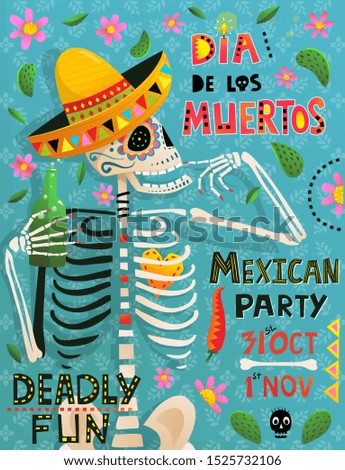 Fun Poster with Skeleton and bird for Day of the Dead Mexican holiday, Mexico style cartoon fun holiday skeleton for Dia de los Muertos, invitation poster or greeting card template.