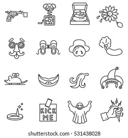 Fun and practical jokes icons set. April Fools' Day, thin line design. How to play a prank, linear symbols collection. isolated vector illustration.