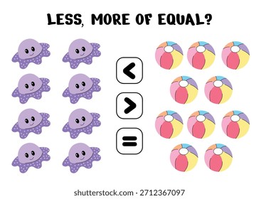 Divertida hoja de cálculo de matemáticas preescolar donde los niños comparan pulpos morados y bolas de playa coloridas para decidir qué grupo tiene más, menos o igual