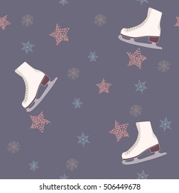 Fun and pretty winter pattern featuring skates and snowflakes on a purple pastel background. Hand drawn illustration with isolated elements. 