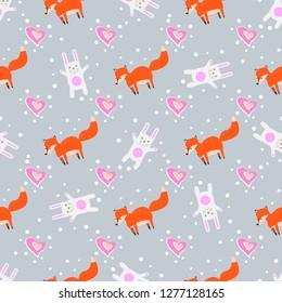Fun print. cute seamless pattern with little foxes fox, heart and white rabbit
